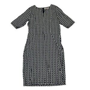 Mikarose short sleeve dress high v neck blue white green patterned back zip L